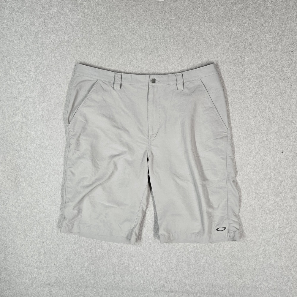 Oakley Men Shorts 38 Gray Chino Nylon Logo Pockets 12" Inseam Stretch READ